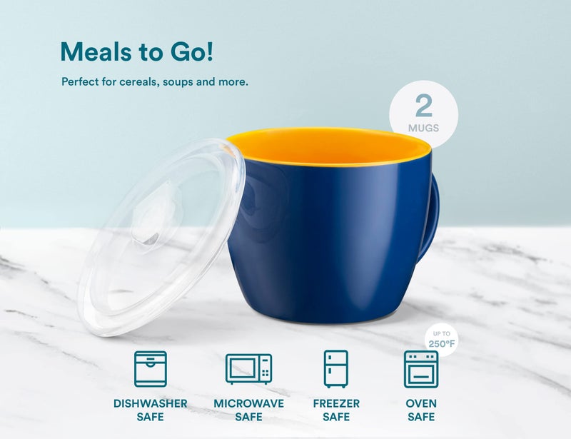 KooK Ceramic Soup Mug Set with Lid & Handles, 25 Oz Microwave-Safe Bowls for Cereal, Overnight Oats, Coffee, Travel Use, Navy/Pumpkin, Set of 2 - Image 5